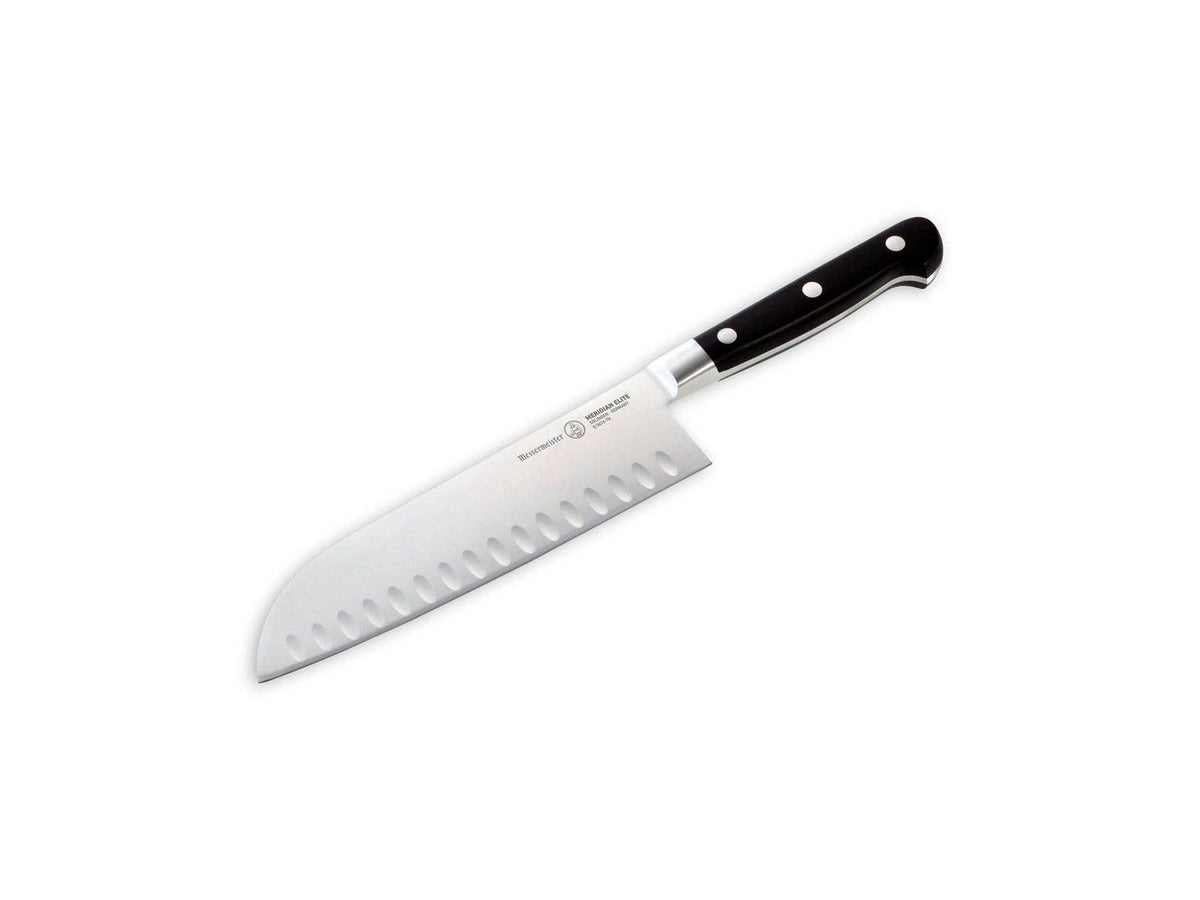 A Meridian Elite Kullenschliff Santoku Knife with a black handle and a silver blade featuring kullens on the side.
