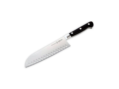A Meridian Elite Kullenschliff Santoku Knife with a black handle and a silver blade featuring kullens on the side.