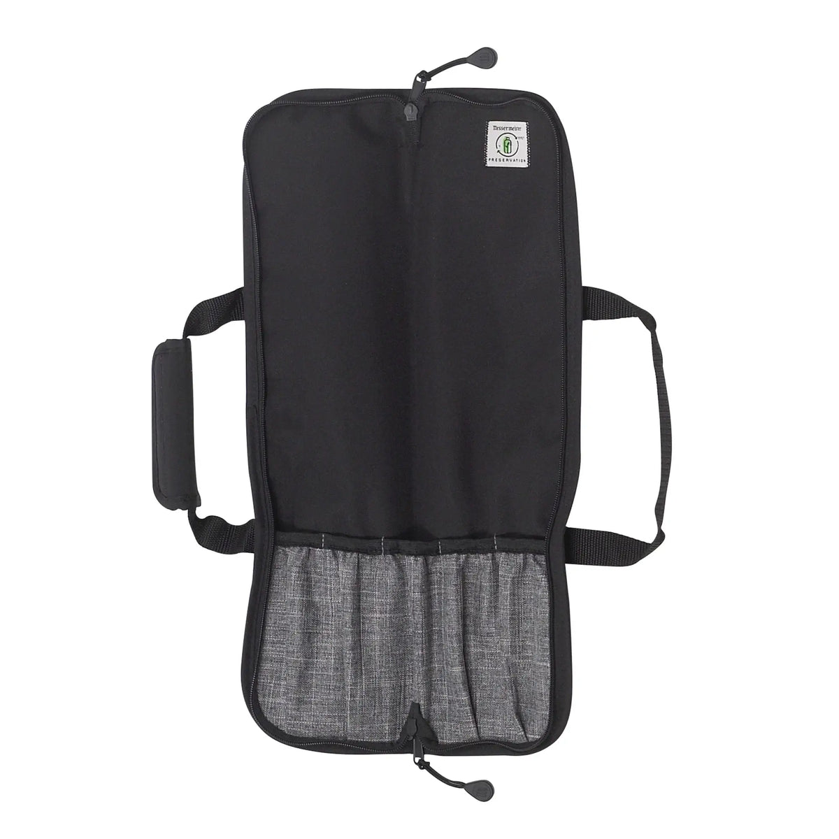 A black knife roll with multiple pockets and a mesh section at the bottom, with the Messermeister logo on the top pocket.