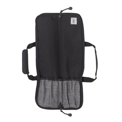 A black knife roll with multiple pockets and a mesh section at the bottom, with the Messermeister logo on the top pocket.
