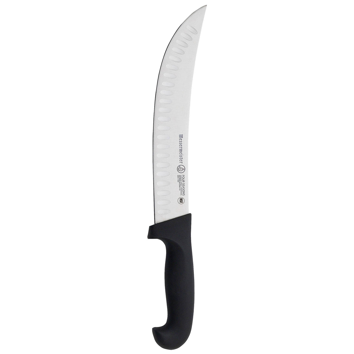 Scimitar knife with black handle on a white background