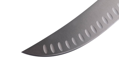 Close-up of a curved blade with a white background