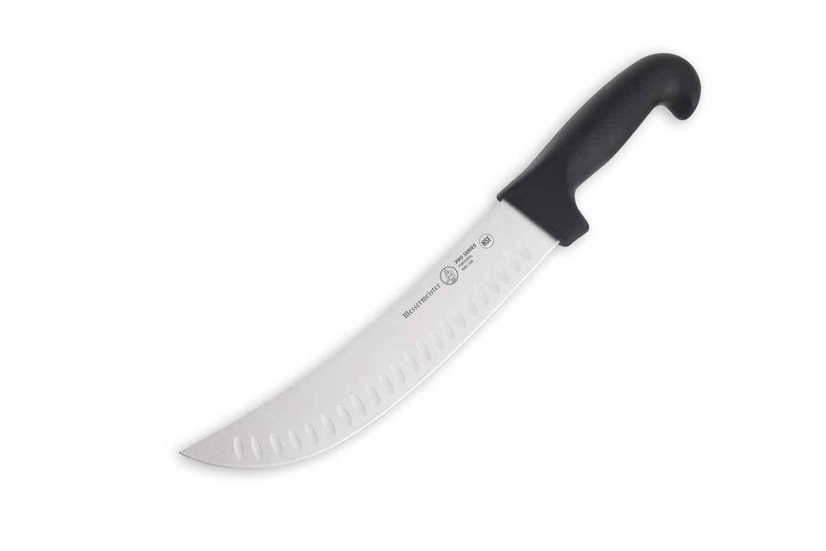 Scimitar knife with a black handle on a white background