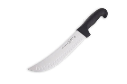 Scimitar knife with a black handle on a white background