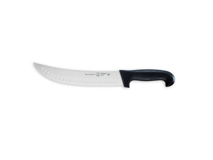 Scimitar knife with a black handle on a white background