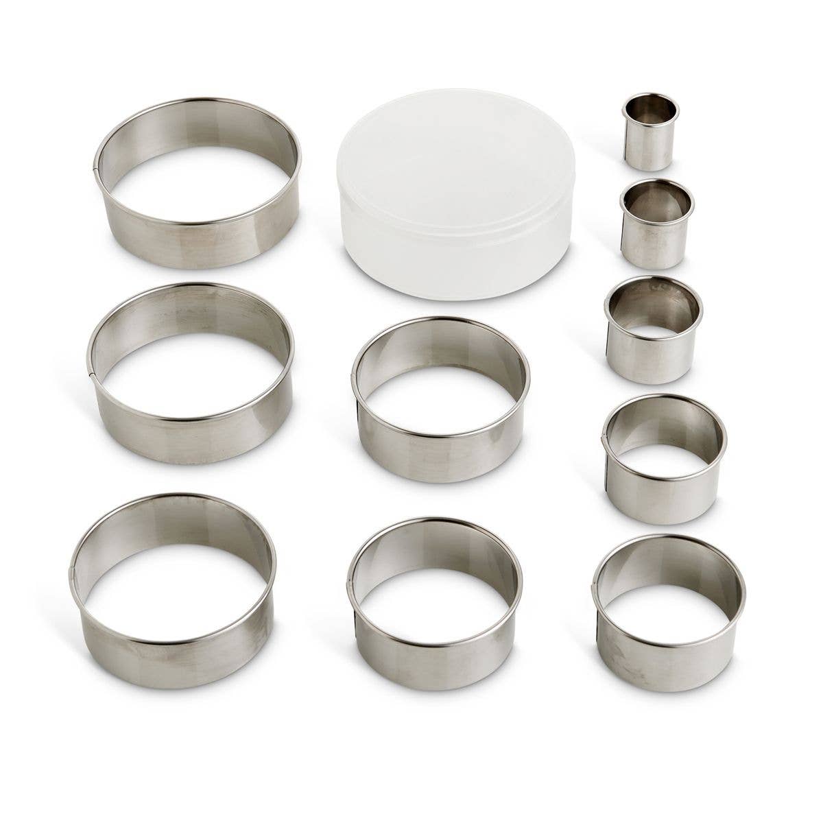 Set of metal dough cutter rings on a white background