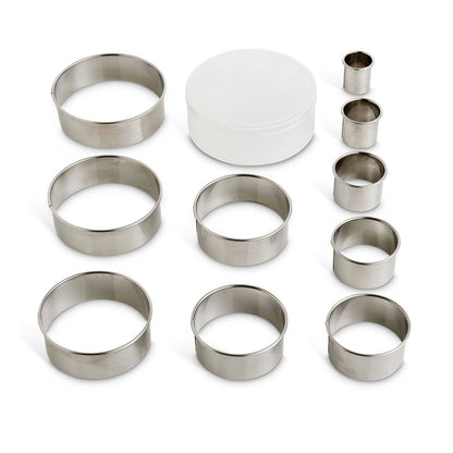 Set of metal dough cutter rings on a white background