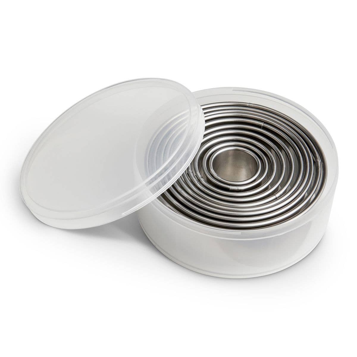 Set of 10 dough cutters in a container with a white lid on a white background