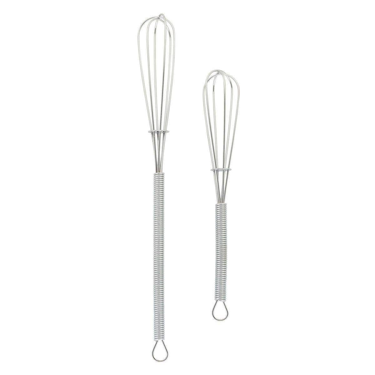 Two metal whisks  on a white background