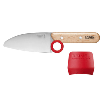 Red Opinel le petit Chef knife and finger guard on white background