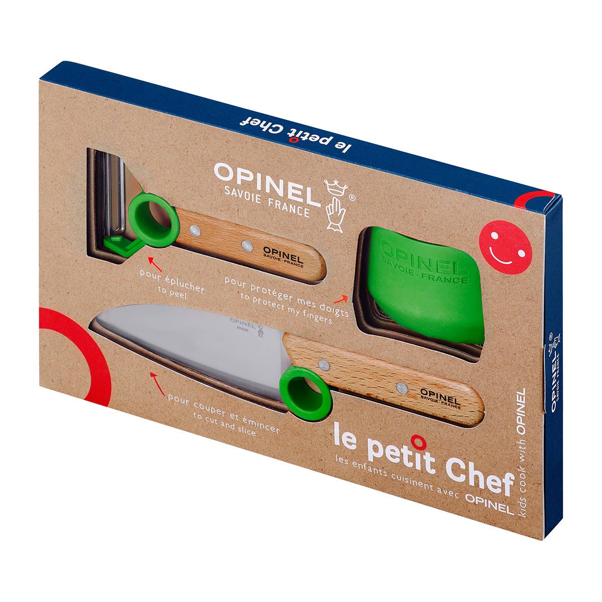 Green Opinel 3 piece le petit Chef set in box on white background