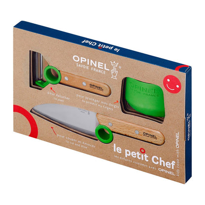 Green Opinel 3 piece le petit Chef set in box on white background