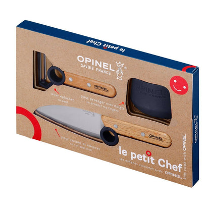 Blue Opinel 3 piece le petit Chef set in box on white background