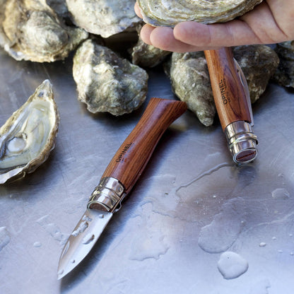 Two oyster kniveswith wooden handles on a metal surface with oysters.