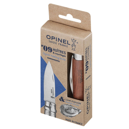 Opinel  oyster knife packaging with a clear window showing the knife inside on a white background
