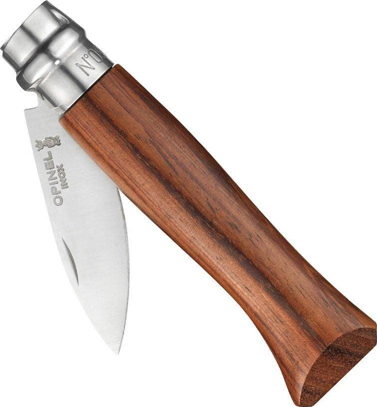 Opinel oyster knife with wooden handle and silver blade on a white background
