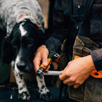 Person holding a knife with a dog looking on, wearing outdoor clothing.