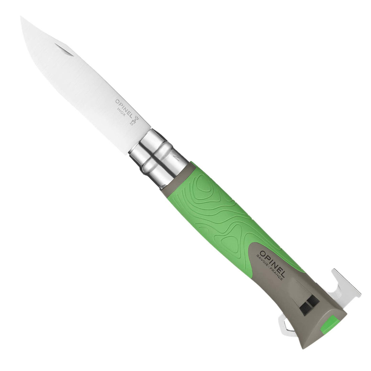 Green Opinel No. 12 Knife on white background.