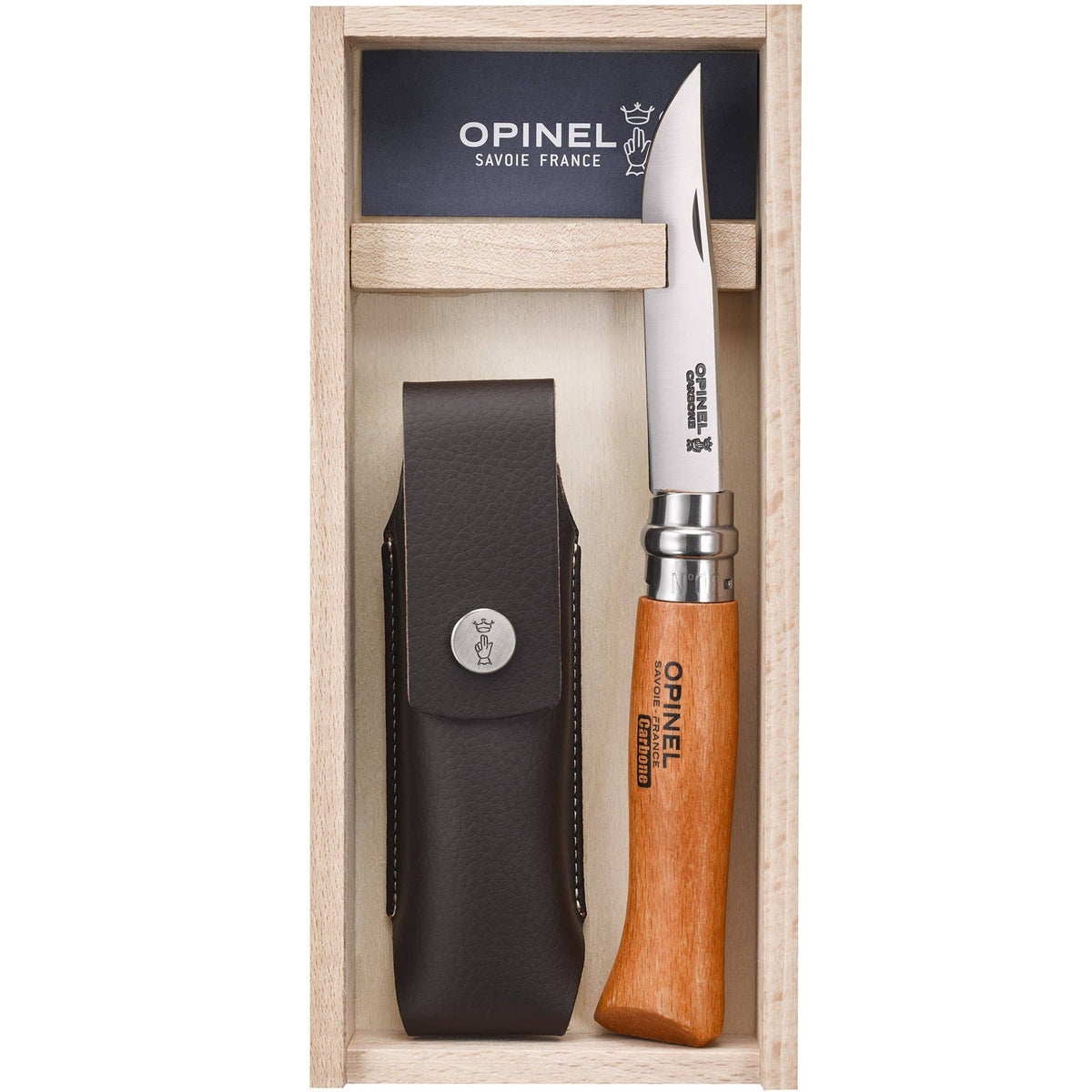 Opinel  No 8 knife with wooden handle and leather sheath in a wooden box