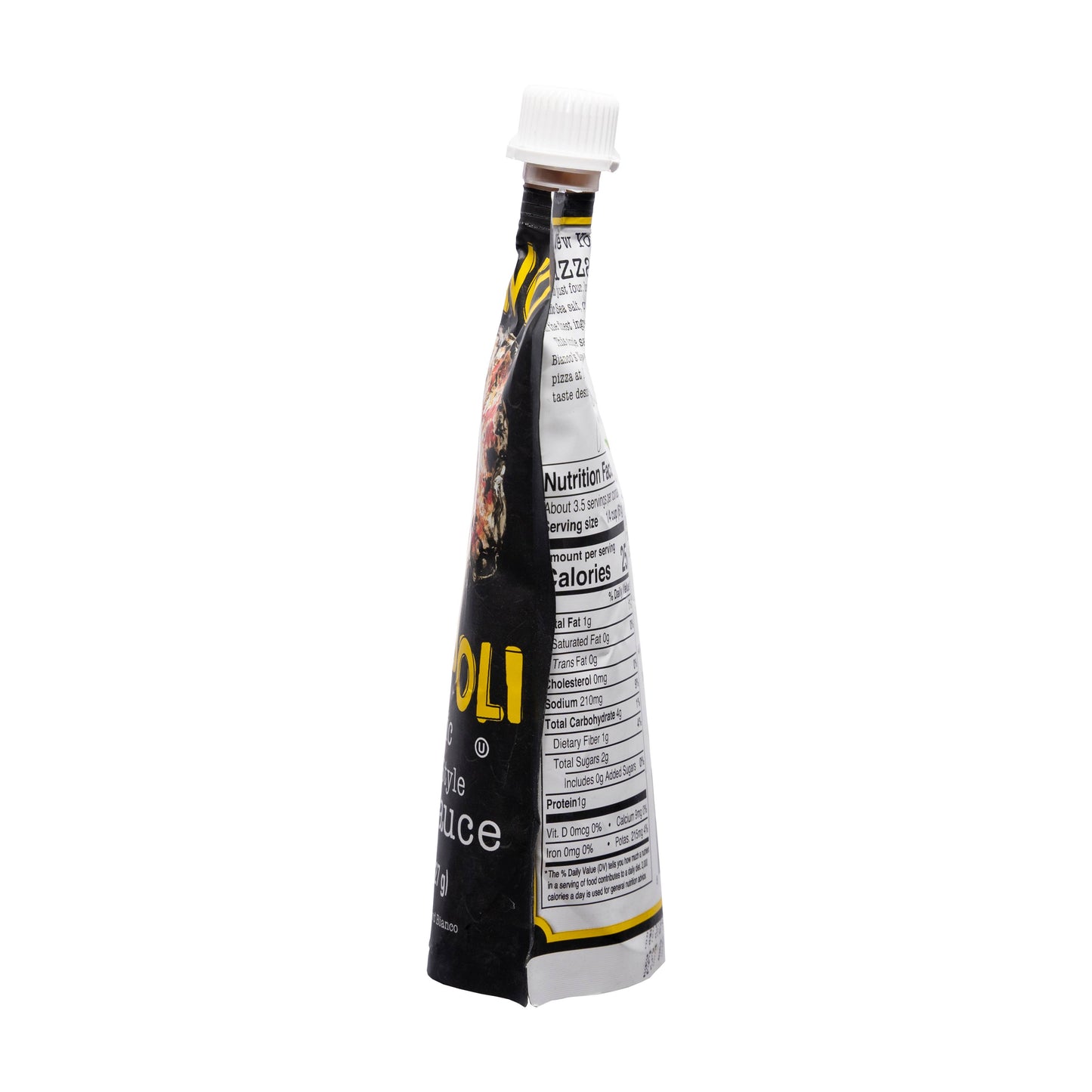 Pouch of Bianco DiNapoli Organic New York Style Pizza Sauce with nutritional information on a white background