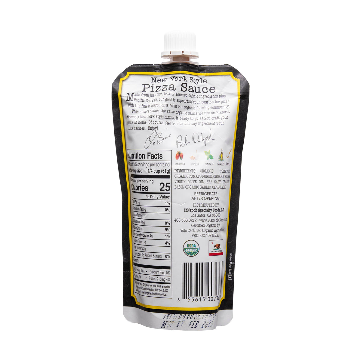 Pouch of Bianco DiNapoli Organic New York Style Pizza Sauce with label showing nutritional information and ingredients.