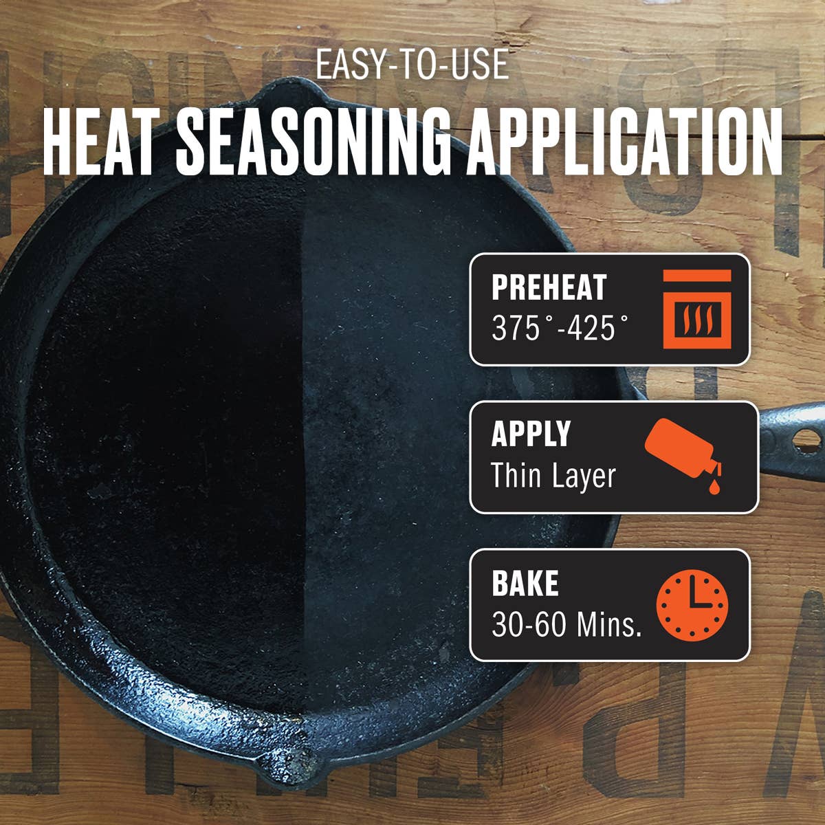 Instructions for heat seasoning a cast iron skillet on a wooden background