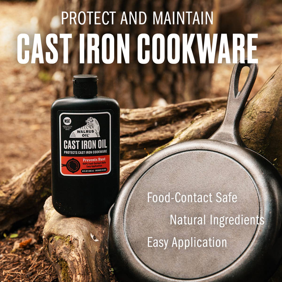Walrus Oil Cast Iron Oil bottle with a cast iron skillet on a natural background, promoting the product's benefits.