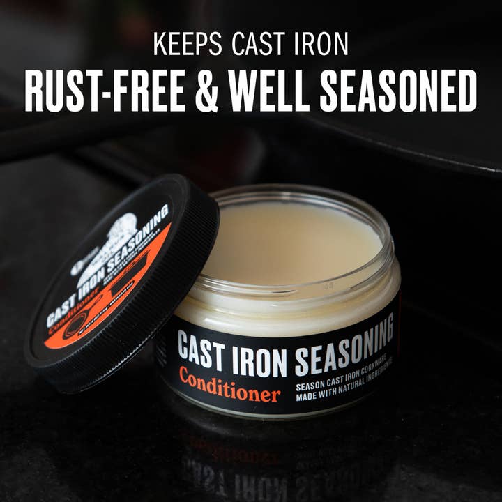 Jar of cast iron seasoning conditioner with text on a dark background