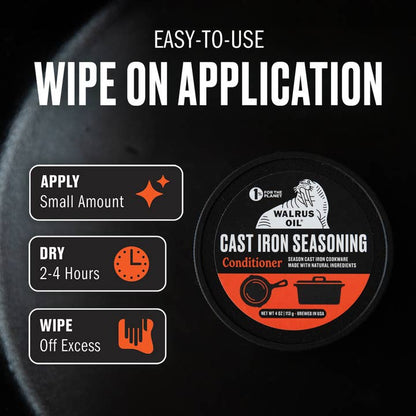 Walrus Oil Cast Iron Seasoning container with application instructions on a black background