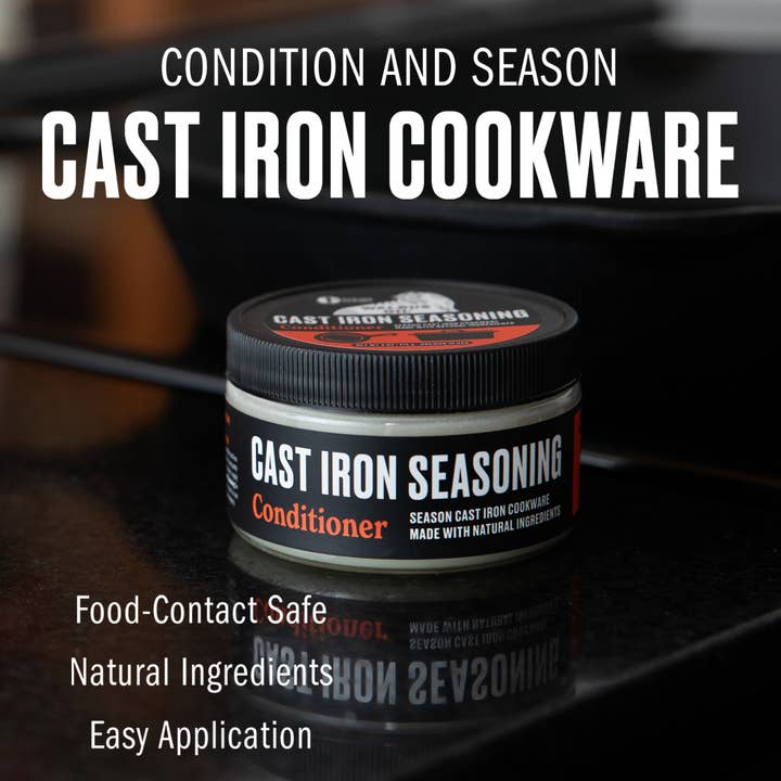 Cast iron seasoning conditioner jar with text about condition and season cast iron cookware.