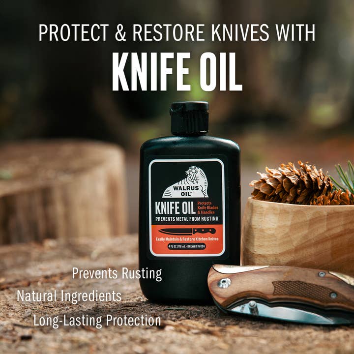 Walrus Oil Knife Oil bottle displayed on a rustic outdoor wood surface with a folding knife and pinecones, with text overlays about protecting and restoring knives.