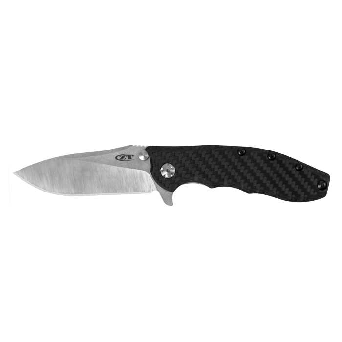A folding pocket knife with a satin-finished silver blade and a black carbon fiber textured handle, shown against a plain white background.