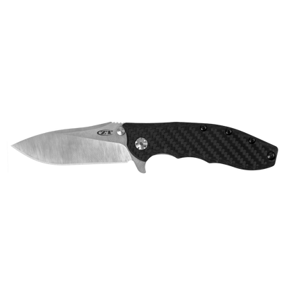 A folding pocket knife with a satin-finished silver blade and a black carbon fiber textured handle, shown against a plain white background.