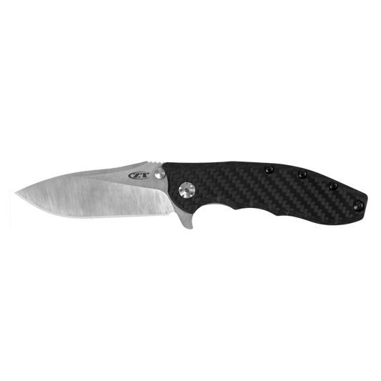 A folding pocket knife with a satin-finished silver blade and a black carbon fiber textured handle, shown against a plain white background.
