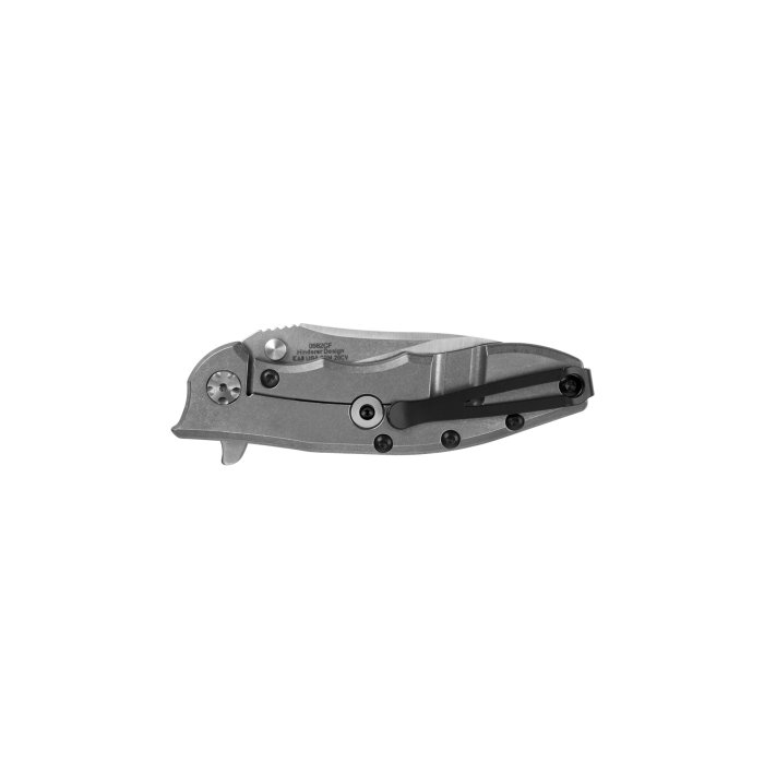 A folding pocket knife with a textured gray handle and black accents, shown partially open against a solid white background.