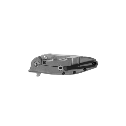A folding pocket knife with a textured gray handle and black accents, shown partially open against a solid white background.