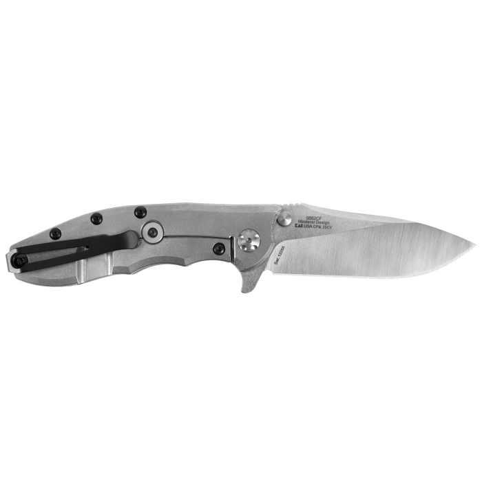 A folding pocket knife with a satin-finished silver blade and a textured silver handle, featuring a black pocket clip and silver hardware, shown against a plain white background.