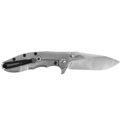 A folding pocket knife with a satin-finished silver blade and a textured silver handle, featuring a black pocket clip and silver hardware, shown against a plain white background.
