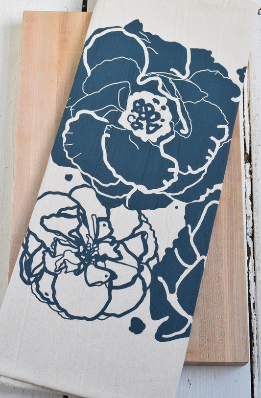Peony Blossom Tea Towel in Blue